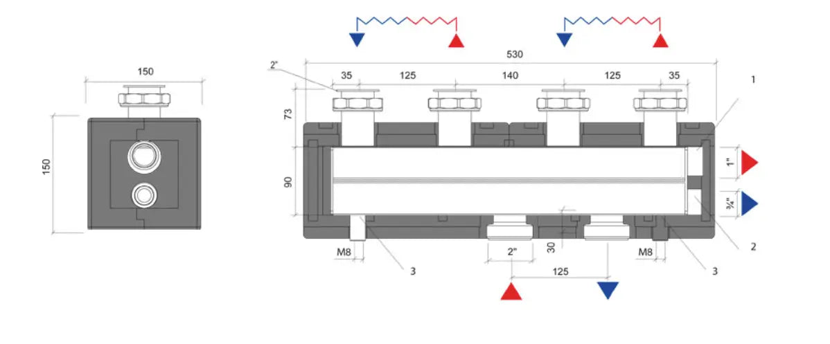 Environ Verteilerbalken DN32 für 2 bis 5 Pumpengruppen mit 125mm Achsabstand