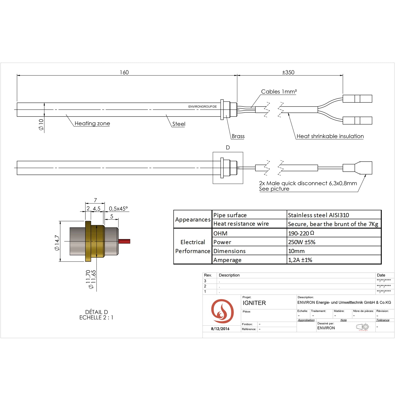 Environ Zündelement Edelstahl Ø10mm x 160mm – 280W, 230V Glühzünder für Pellet- und Heizkessel